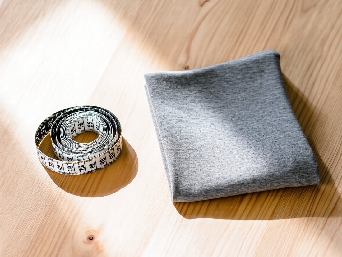 Measuring tape and a folded compression garment on a table