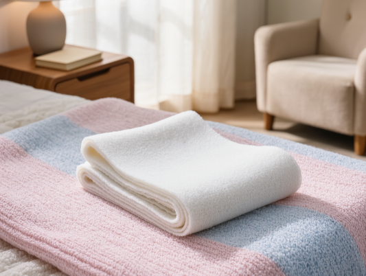 Comfortable postpartum compression band folded on a soft blanket