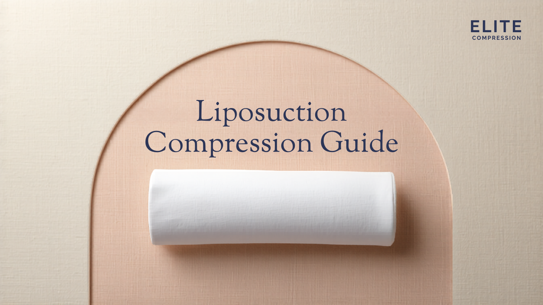 Folded white compression garment on a cream and blush background; cover image for the Elite Compression liposuction compression garment buying guide