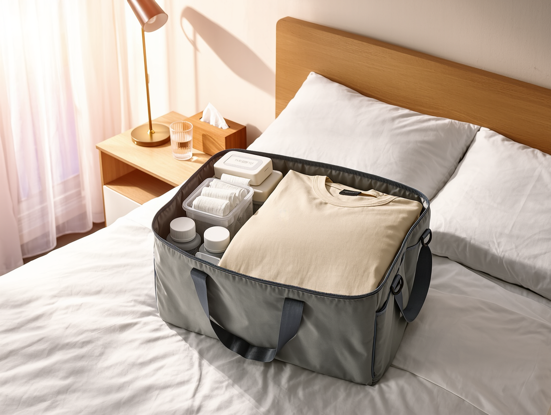 An open recovery tote packed with a compression garment and supplies for the first post-op week
