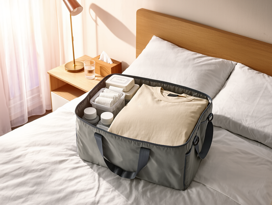 An open recovery tote packed with a compression garment and supplies for the first post-op week