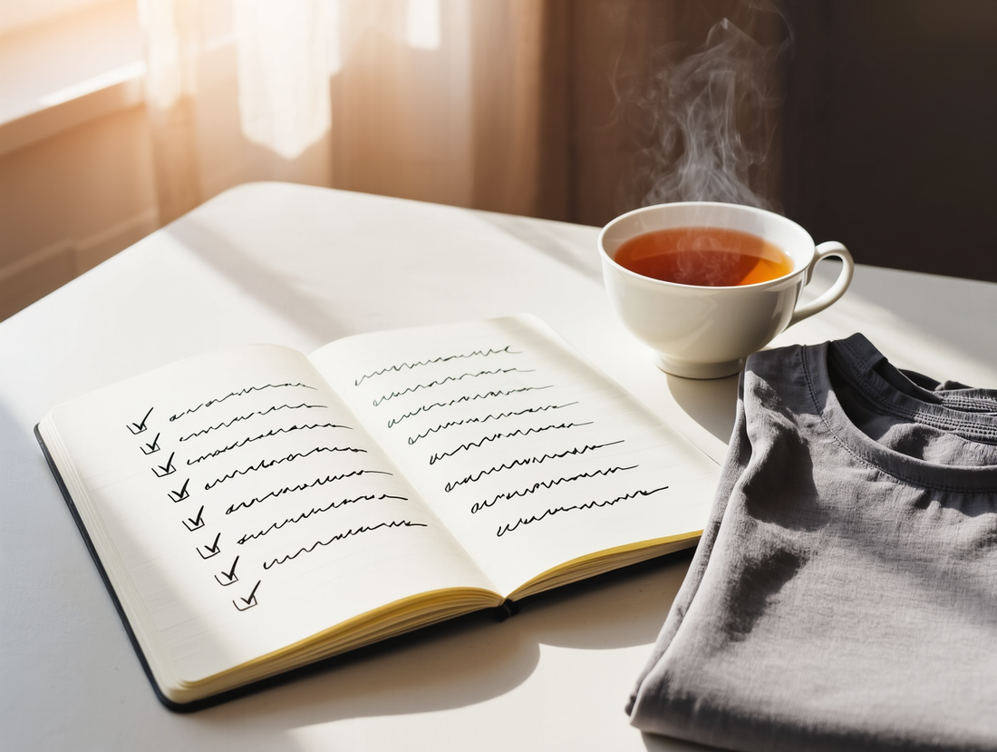 A recovery checklist notebook beside a folded compression garment