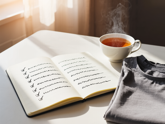 A recovery checklist notebook beside a folded compression garment