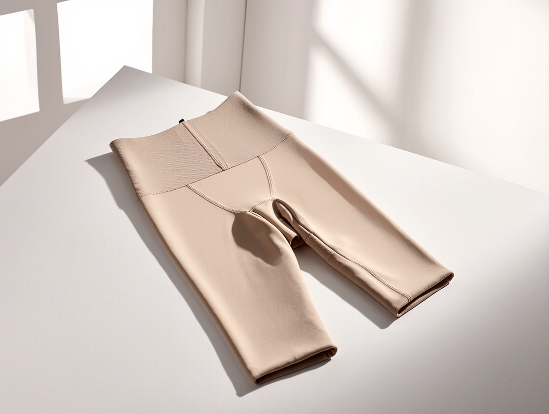 High-waisted compression garment with thigh coverage displayed on a light surface