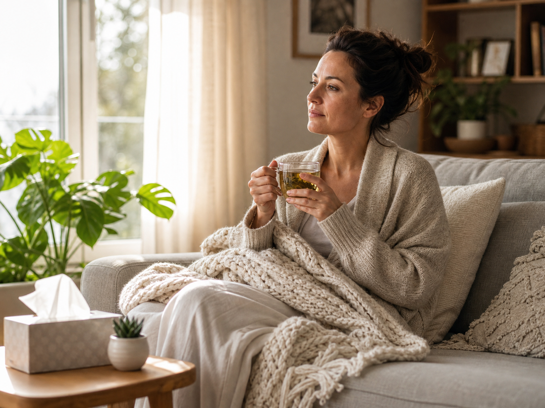 Woman in cozy loungewear resting on a sofa with a mug of tea and a blanket during tummy tuck recovery