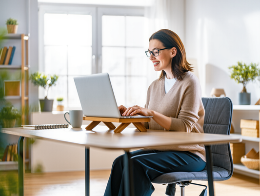 Woman working at a tidy home desk with good posture and a supportive chair
