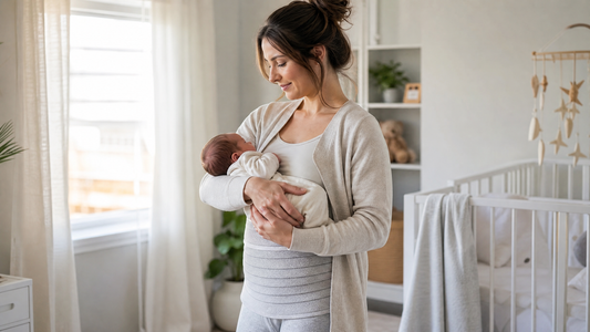 New mother holding her newborn while wearing a soft postpartum compression band at home