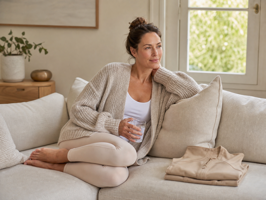 Woman resting on a sofa at home during lower body lift recovery with a folded compression garment beside her