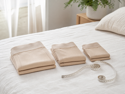Three beige compression garments in graduated sizes folded on a bed beside a soft measuring tape