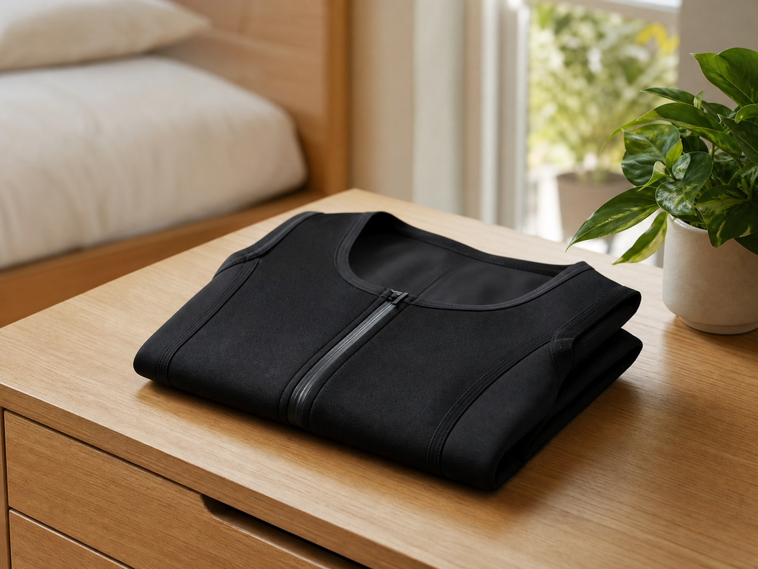 Black sleeveless zip-front medical compression vest folded on a dresser in soft morning light
