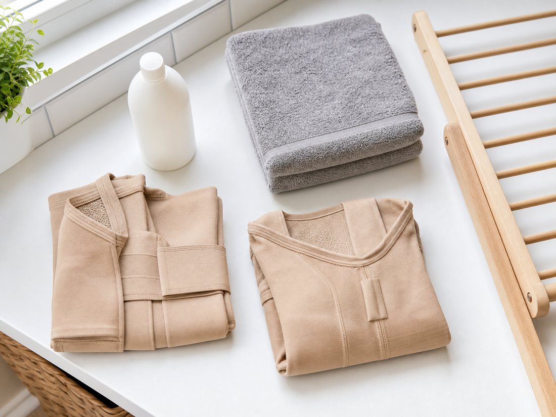 Flat-lay of folded compression garments with mild detergent and a drying rack for a weekly care routine