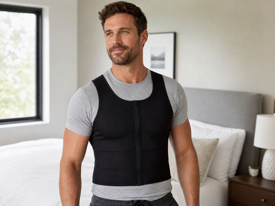 Man in a black medical compression vest over a t-shirt standing in a bright bedroom after liposuction