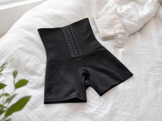 Black high-waisted medical-grade compression garment with hook-and-eye closures laid out on a bed