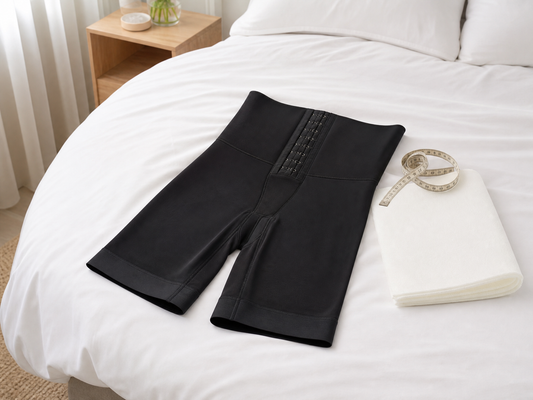 Black post-surgical compression garment laid flat on a bed with a tape measure and folded foam sheet beside it
