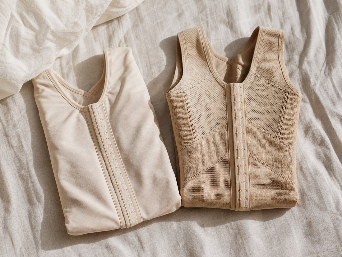 Two folded compression garments side by side on a bed, a softer medium-compression stage 1 garment next to a denser high-compression stage 2 garment