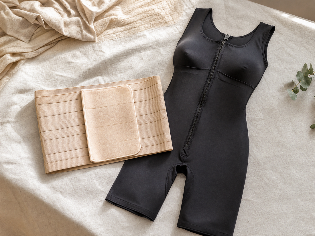 Abdominal binder wrap and black compression garment side by side on a bed