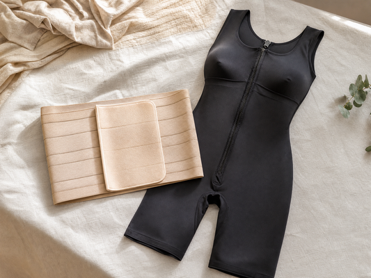 Abdominal binder wrap and black compression garment side by side on a bed