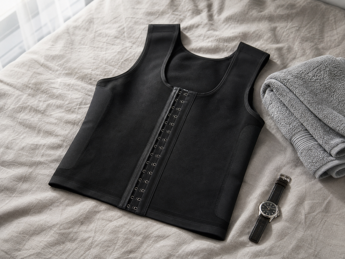 Black men's post-surgical compression vest laid flat on a bed with a towel and watch