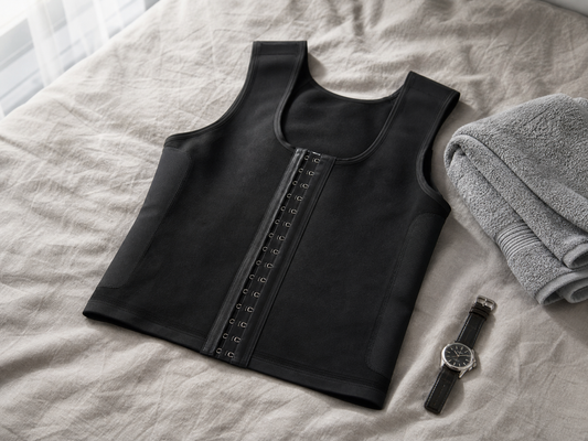 Black men's post-surgical compression vest laid flat on a bed with a towel and watch