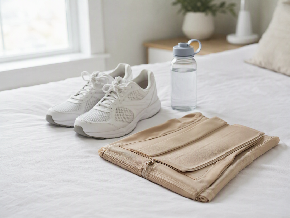 Folded beige compression garment on a bed next to white walking sneakers and a water bottle, ready for a post-tummy-tuck recovery walk