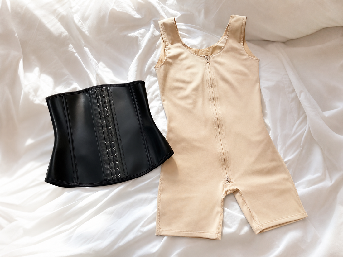 Black latex waist trainer laid next to a beige medical-grade post-surgical compression garment on white bedding