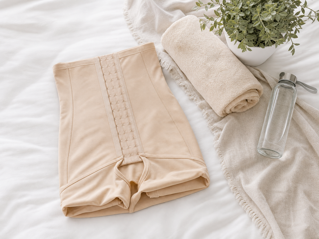 Beige post-surgical compression garment folded on a bed with a towel and water bottle