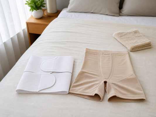 Abdominal binder and compression garment laid out side by side on a bed