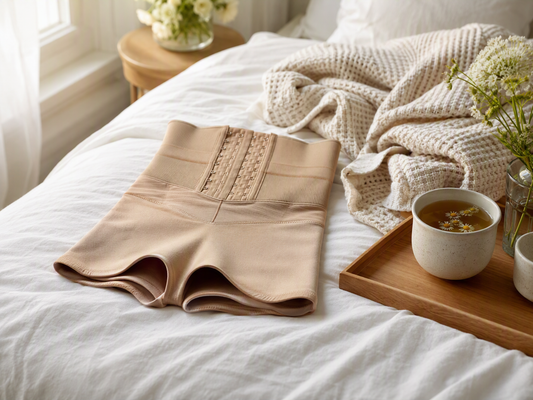 High-waisted compression garment folded on a bed beside a robe and cup of tea