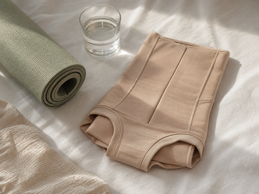 High-waisted postpartum compression garment folded on a bed next to a rolled yoga mat