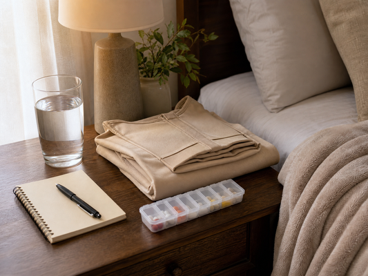 Bedside table prepared for tummy tuck recovery care with a folded compression garment, water, pill organizer, and notebook