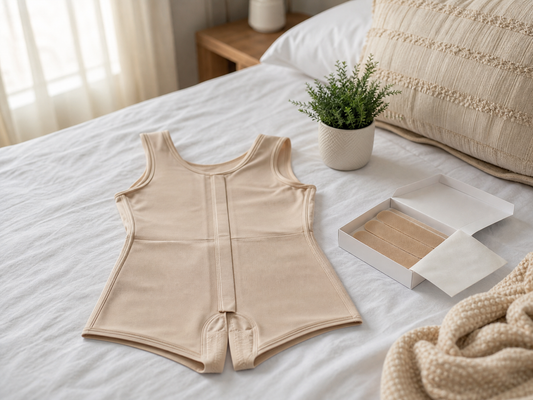 Stage 1 compression garment laid flat on a bed beside silicone scar sheets, ready for tummy tuck revision recovery