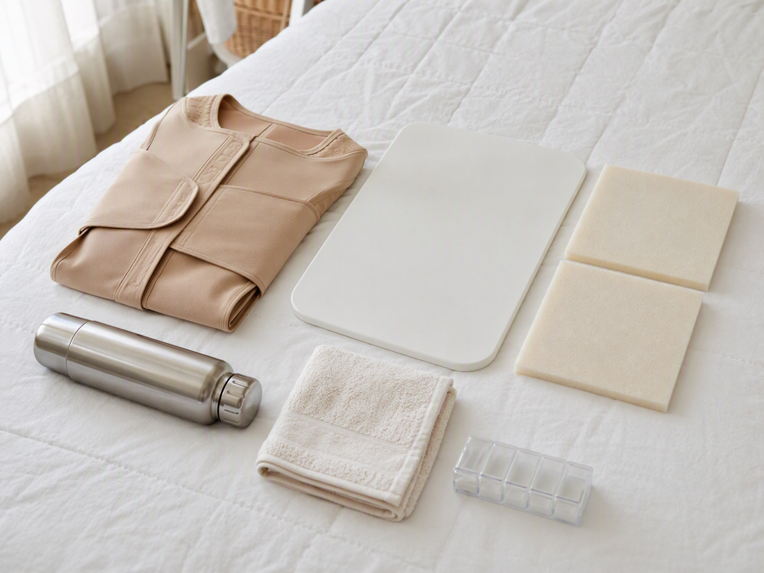Tummy tuck recovery supplies laid out on a bed: compression garment, abdominal board, foam sheets, water bottle and pill organizer