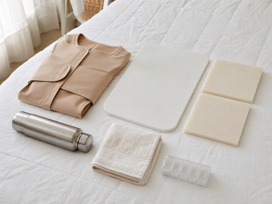 Tummy tuck recovery supplies laid out on a bed: compression garment, abdominal board, foam sheets, water bottle and pill organizer