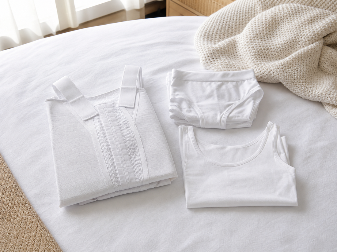 Folded white compression garment on a bed beside seamless cotton briefs and a thin cotton undershirt