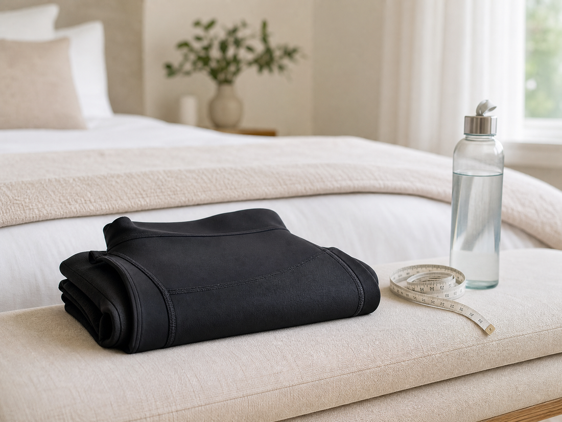 Folded black medical-grade compression garment and a measuring tape on a bench in a bright bedroom