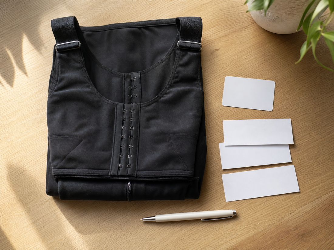 Folded black post-surgical compression garment on a light wood table beside a blank payment card, paper receipts and a pen