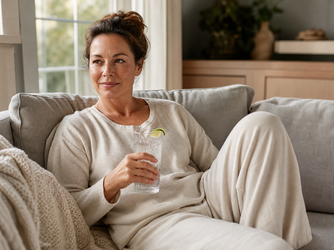 Woman resting on a couch during tummy tuck recovery holding a glass of sparkling water with lime instead of alcohol