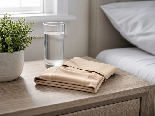 Compression garment folded on a bedside table with a glass of water and a small plant during tummy tuck recovery