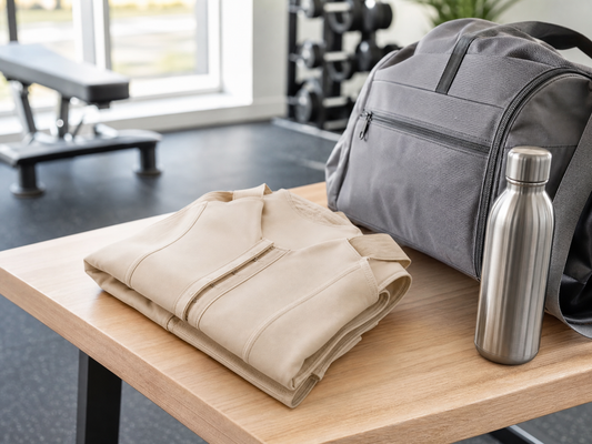 Post-surgical compression garment folded on a gym bench next to a duffel bag and water bottle