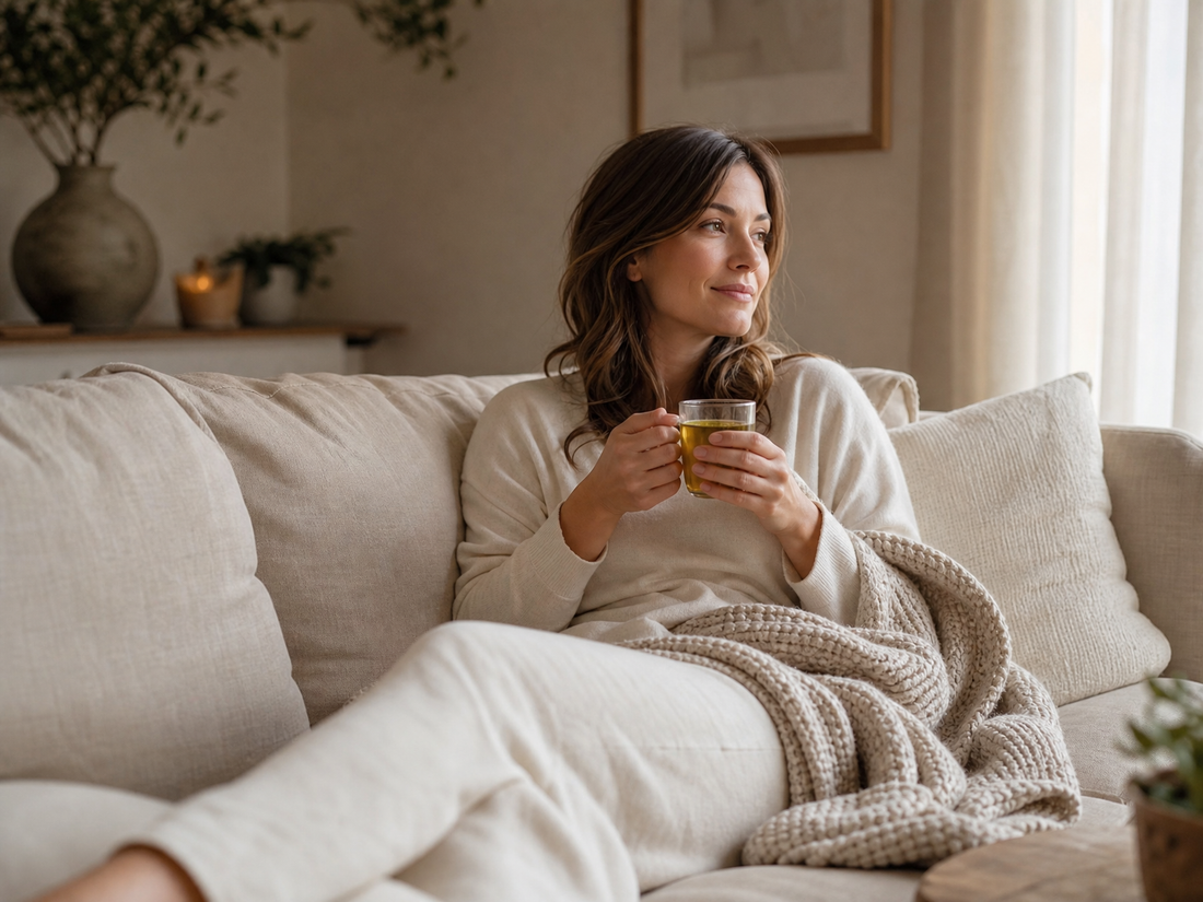 Woman in loose loungewear resting on a sofa with a blanket and cup of herbal tea during tummy tuck recovery