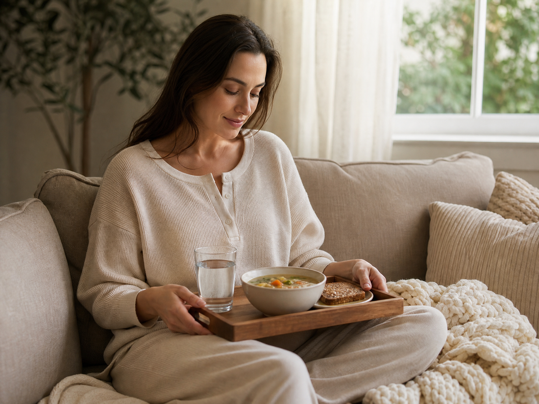 Woman in loungewear resting on a sofa with a small bowl of soup during tummy tuck recovery