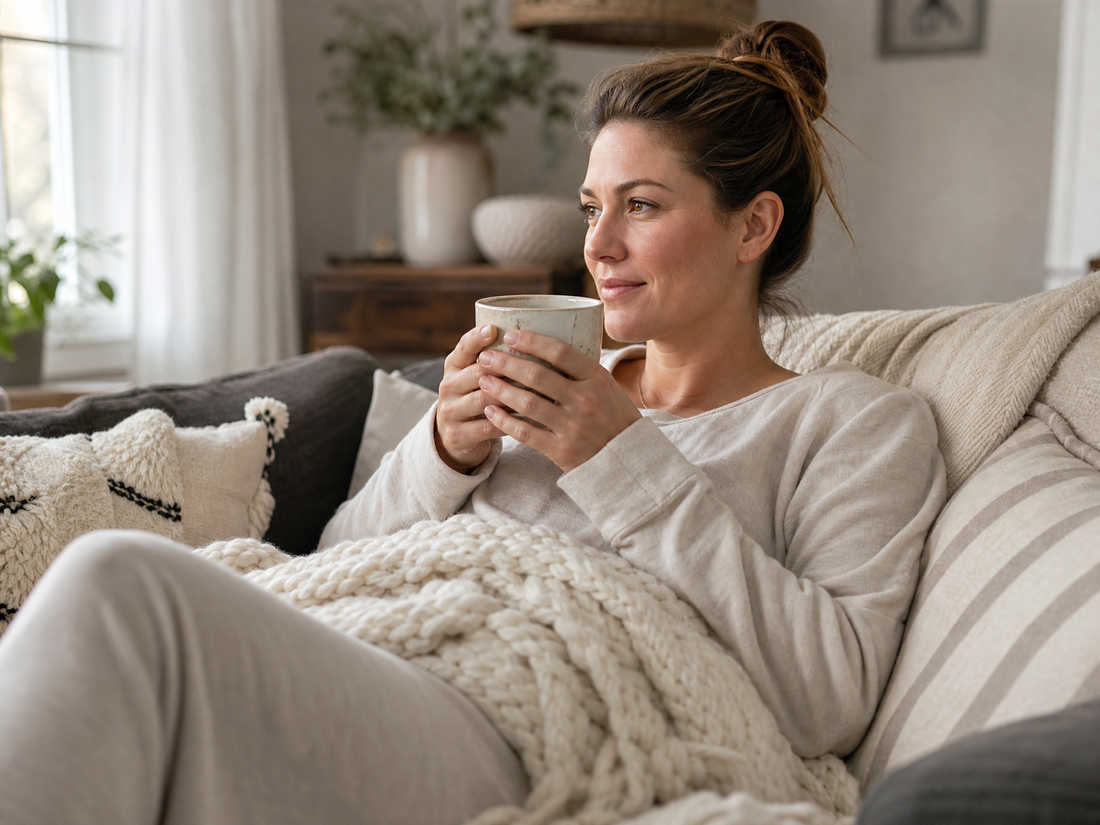 Woman recovering from a tummy tuck resting on a sofa under a knit blanket with a warm cup of tea