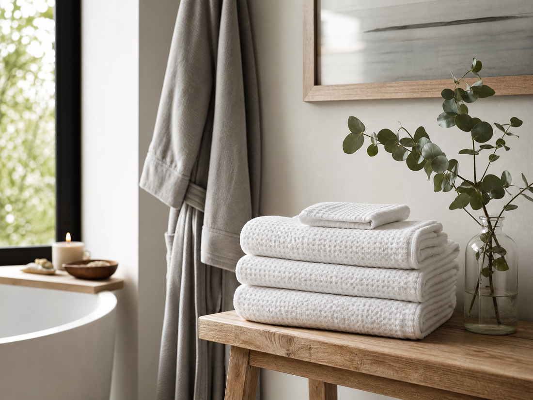 Calm spa-style bathroom corner with folded towels and a robe, the kind of heat-and-soak setting to postpone in early tummy tuck recovery