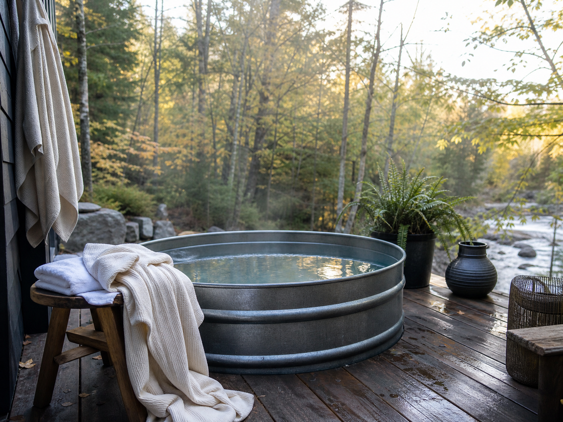 Backyard cold plunge tub on a wooden deck with a folded towel and robe waiting on a stool
