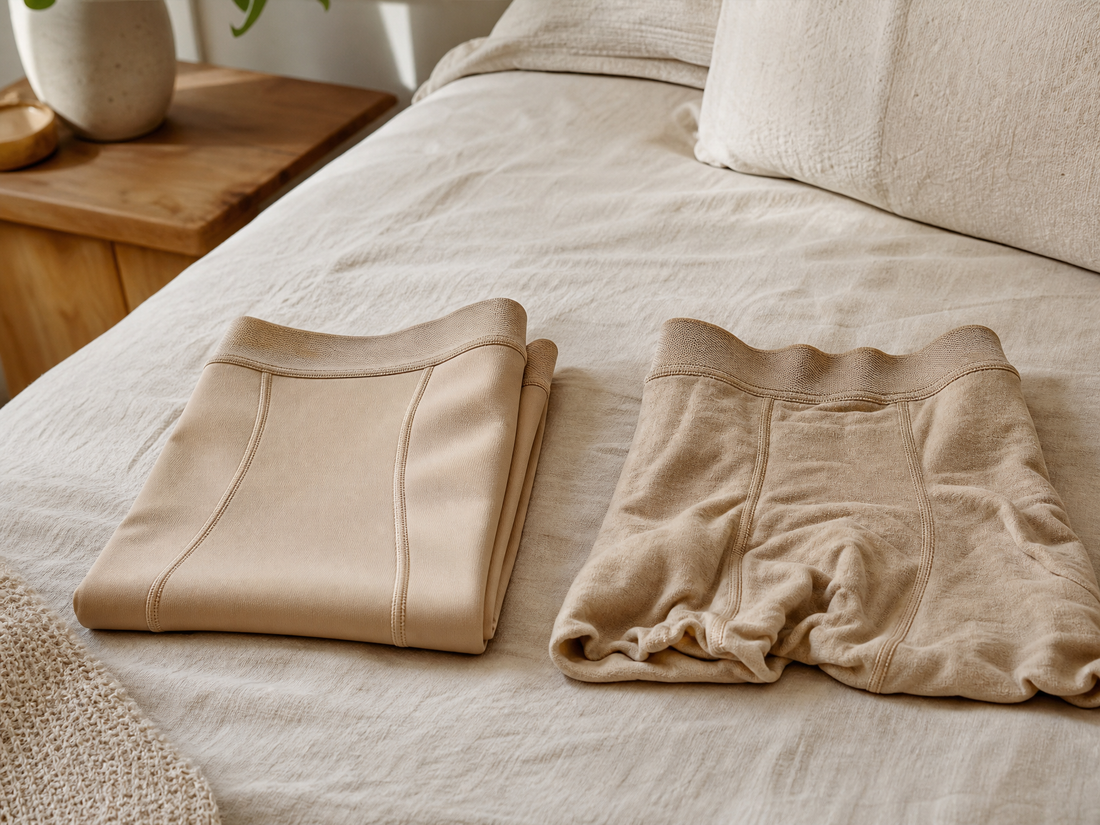 New and previously worn compression garments compared side by side on a bed