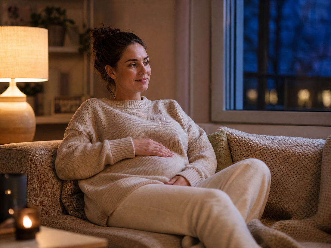 Woman relaxing comfortably on a couch in the evening in soft loungewear, a common time for post-tummy-tuck swelling to feel more noticeable