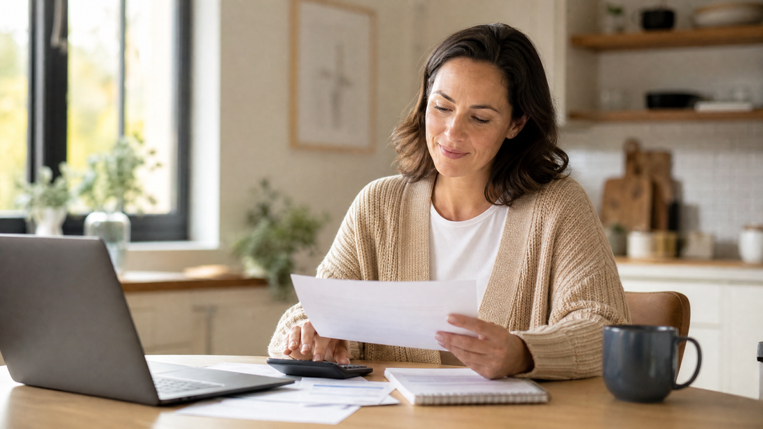 Woman reviewing insurance paperwork and a calculator at her kitchen table while planning for tummy tuck recovery costs