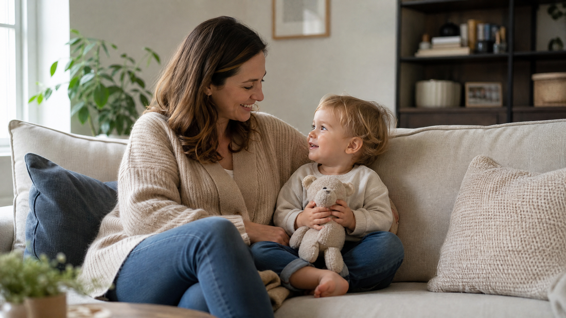 Mother resting on a sofa in a beige cardigan with her toddler seated beside her