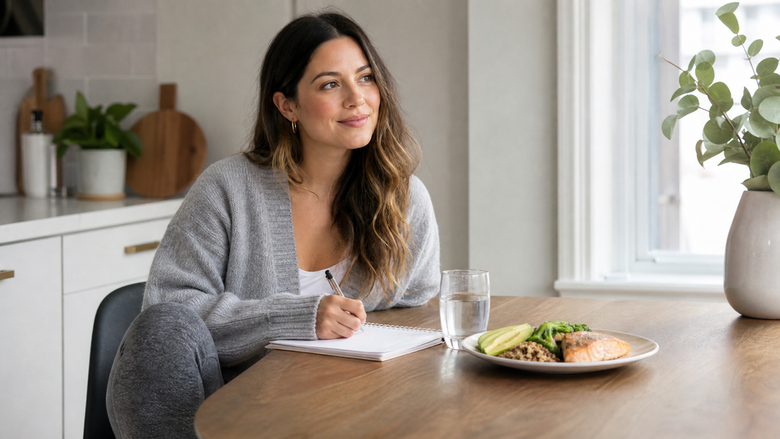 Woman at a kitchen table with a notebook and a healthy protein-rich meal, planning her recovery after weight loss surgery