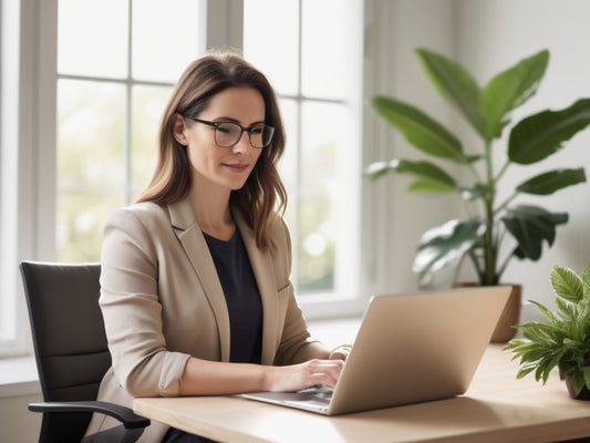 Woman in business casual working at a home office desk